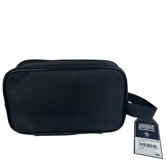 NWT Penguin Mens Faux Leather Zip Top Closure Portable Handle Black Travel Kit - Picture 2 of 4